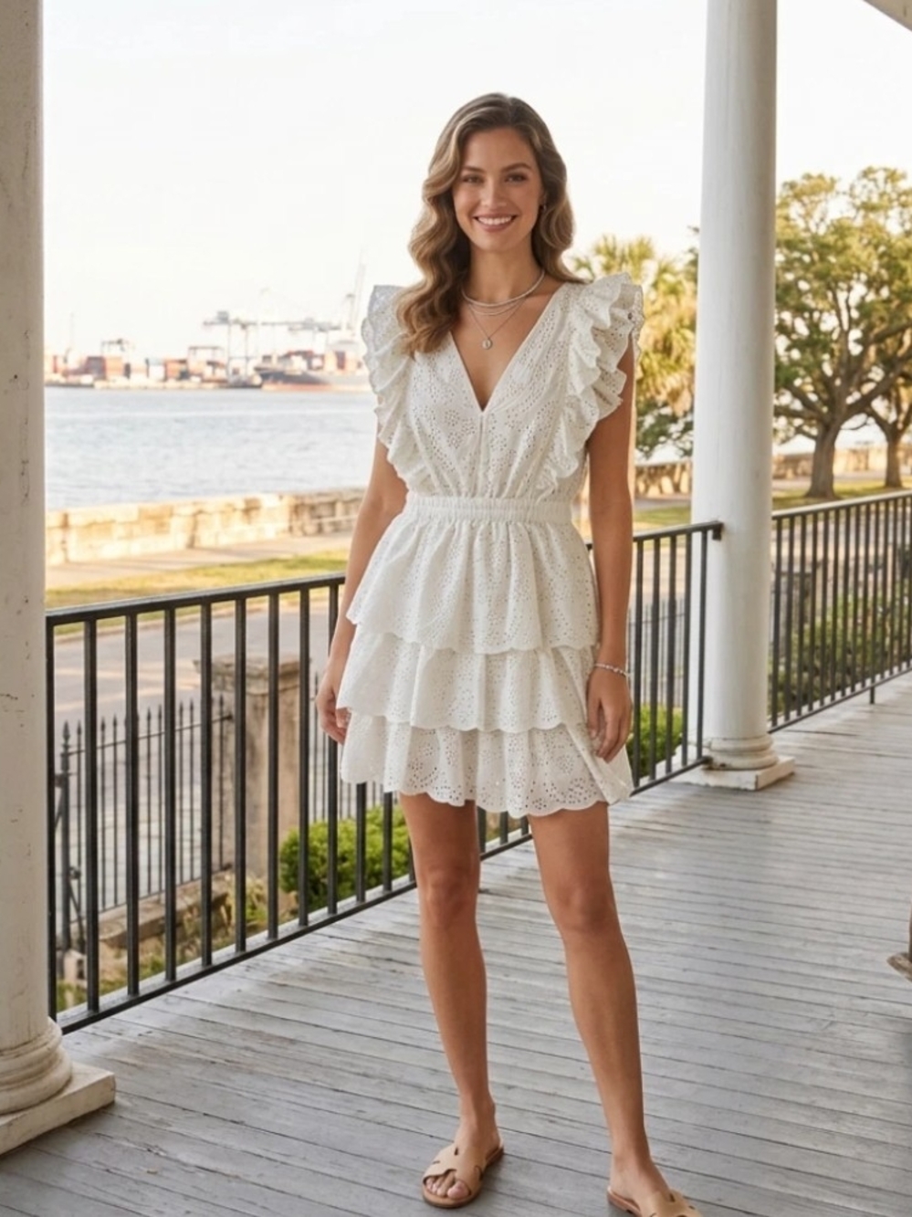 Love The Label Ivory Ecru Eyelet Lace Ruffle Tiered Dress S